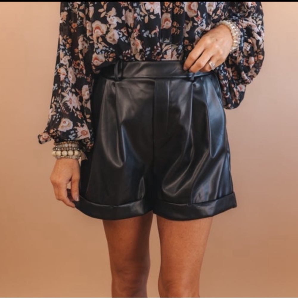 White Birch- Rolled Faux Black Leather Shorts- Size Large